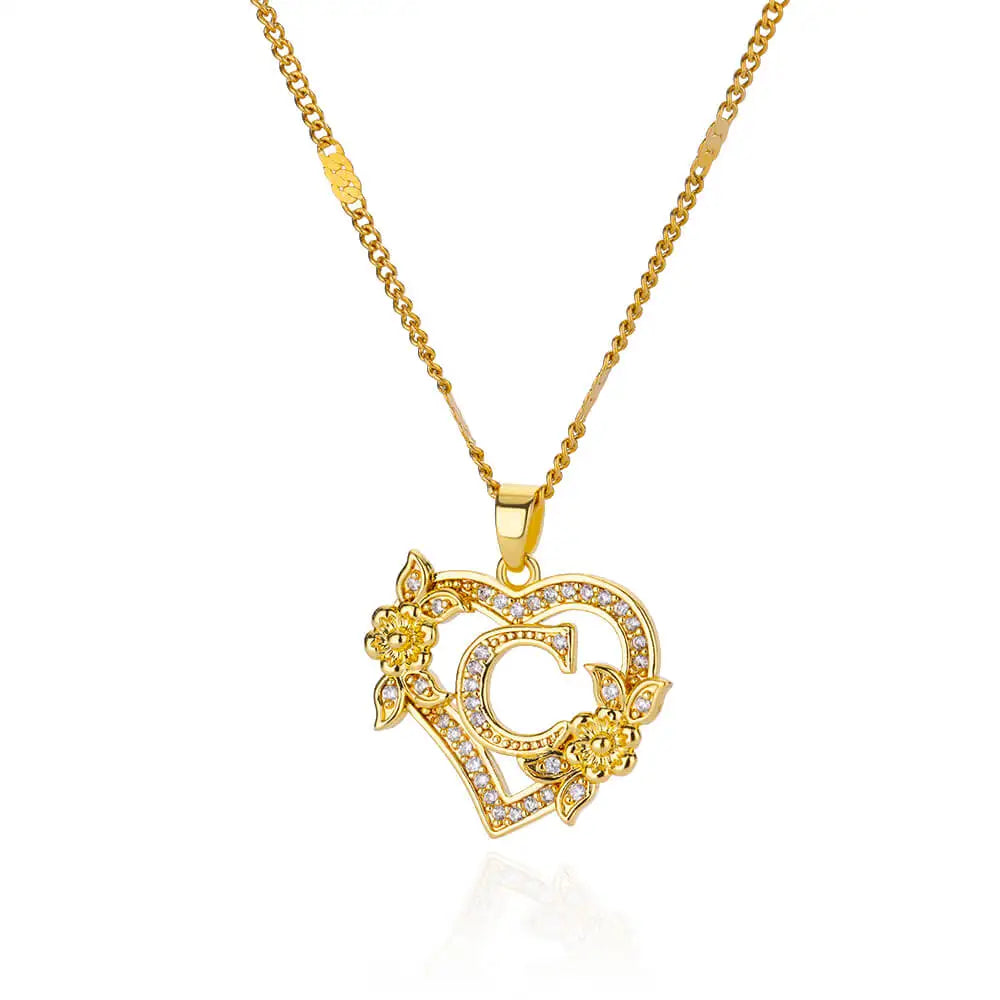 Flower Heart Initials Necklaces