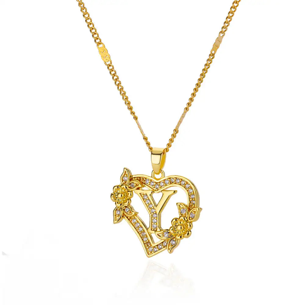 Flower Heart Initials Necklaces